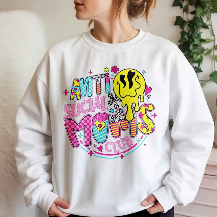 Anti Social Moms Club Sweatshirt | Retro Y2K Smiley Face Graphic | Premium Cotton Blend | Funny Motherhood Gift for Her