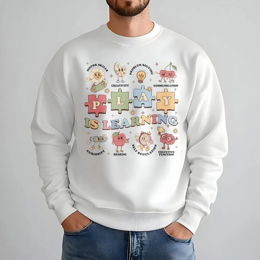 Sweat-shirt Enseignant Le jeu est un apprentissage | Motif rétro sur l'apprentissage par le jeu | Mélange de coton doux | Cadeau pour éducateur de maternelle et de préscolaire