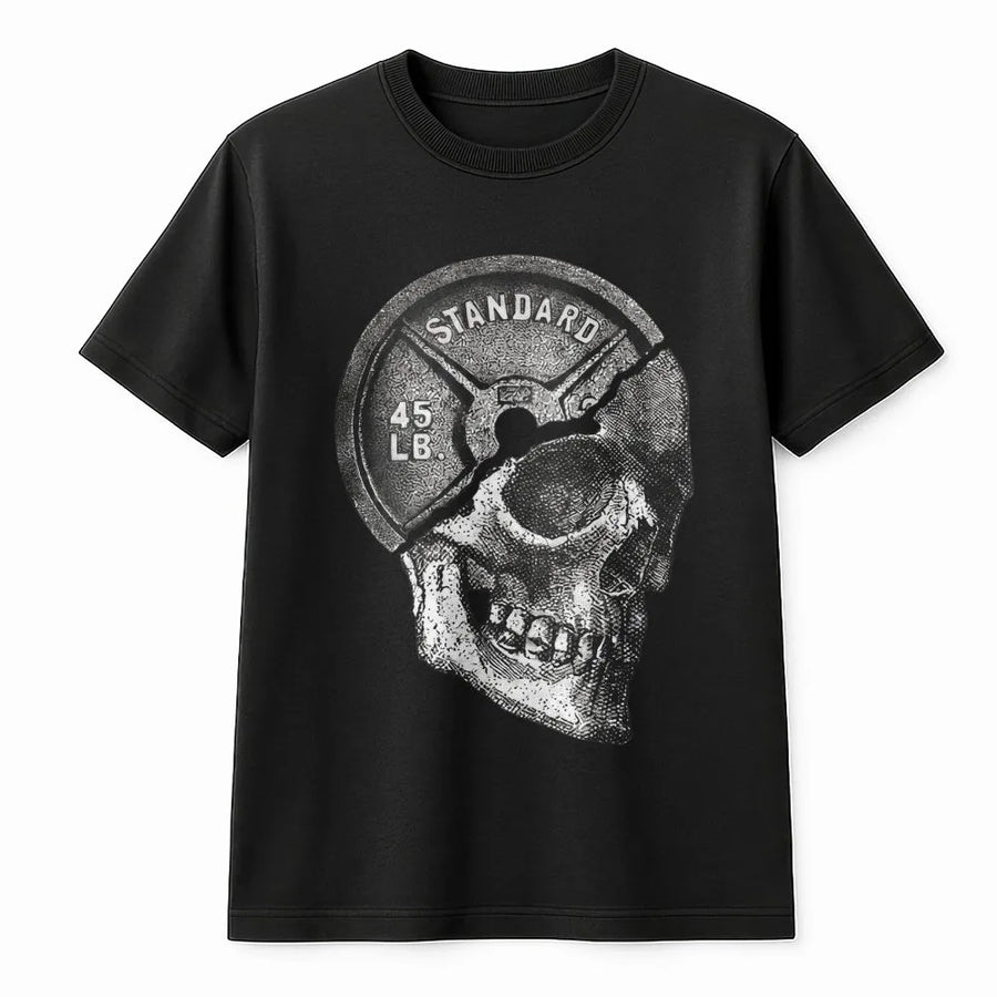 Gym Skull T-Shirt | 45lb Weight Plate Graphic | Premium Cotton Fitness Tee | Gift for Bodybuilder or Weightlifter