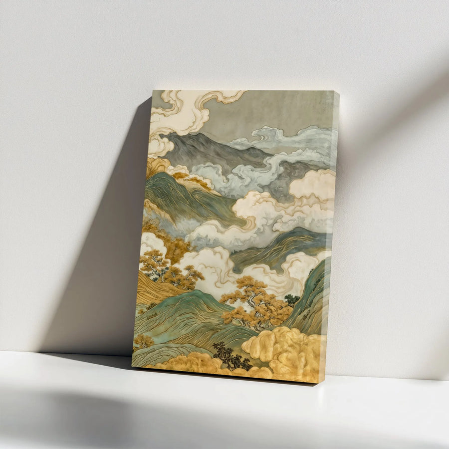 Vintage Japanese Style Mountain Vertical Canvas | Golden Clouds & Green Hills Landscape Art | Premium 1.25 Inch Gallery Wrap Print | Zen Living Room Home Decor Gift