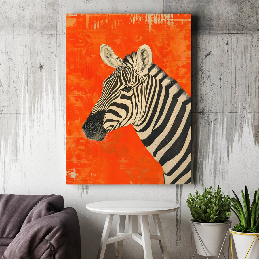 Zebra Wall Art Canvas | Modern Orange Animal Portrait | Premium Fade-Resistant Gallery Wrap | Bold Wildlife Home Decor For Living Room