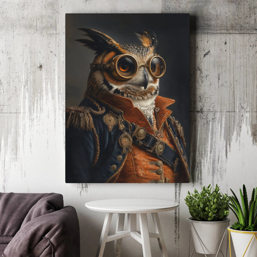 Steampunk Owl Wall Art | Military General Portrait in Goggles | Premium Gallery Wrapped Canvas | Unique Home Office Decor Gift