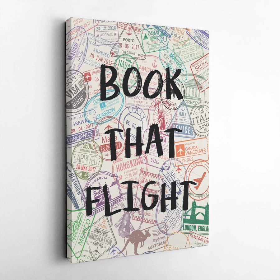 Book That Flight Canvas Wall Art | Passport Stamp Collage Print | Premium Thick Gallery Canvas | Inspirational Gift for Traveler