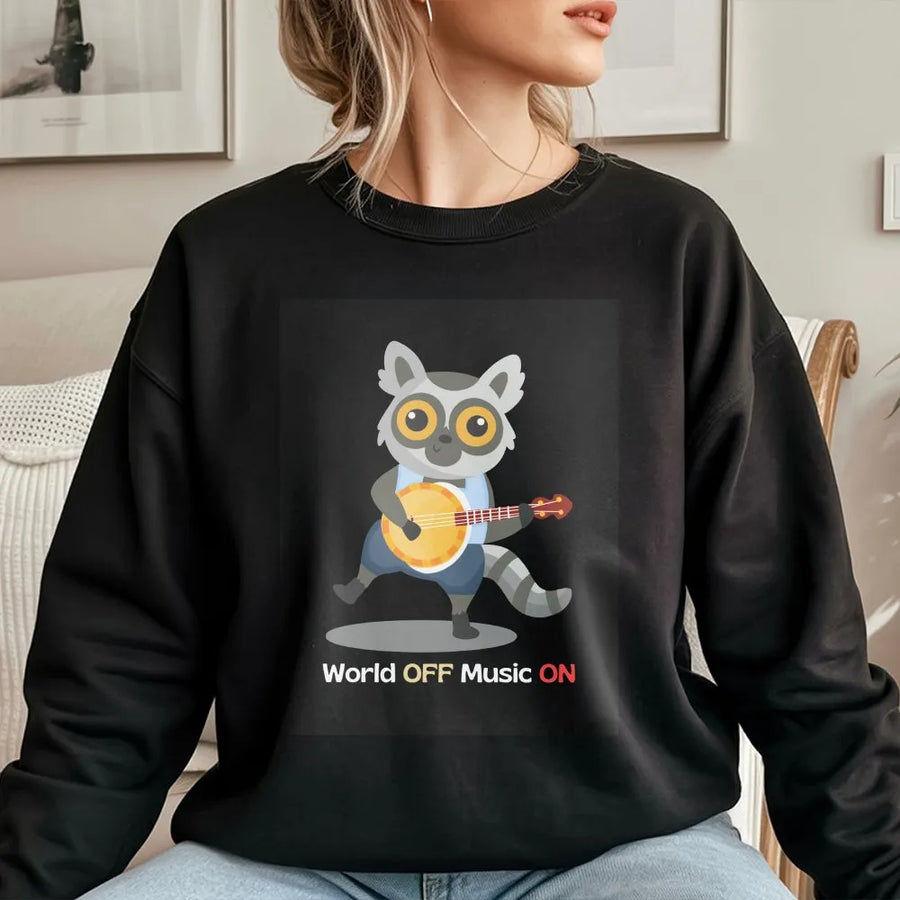 Cartoon Lemur Music Sweatshirt | World Off Music On Graphic Print | Premium Unisex Pullover | Gift for Musician and Banjo Player