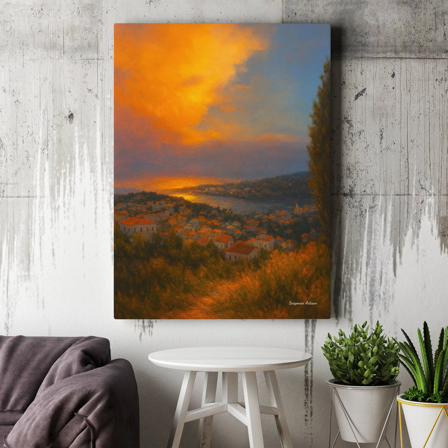 Coastal Village Sunset Canvas Print | Mediterranean Landscape Oil Painting Style | Premium Gallery Wrap Wall Art | Scenic Home Decor Gift