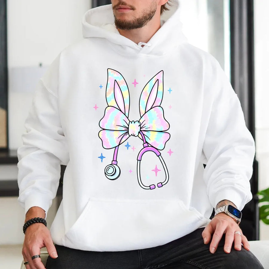 Nurse Easter Hoodie | Pastel Bunny Bow Stethoscope Design | Cotton Blend Comfort | Cute Nursing School Gift for Her