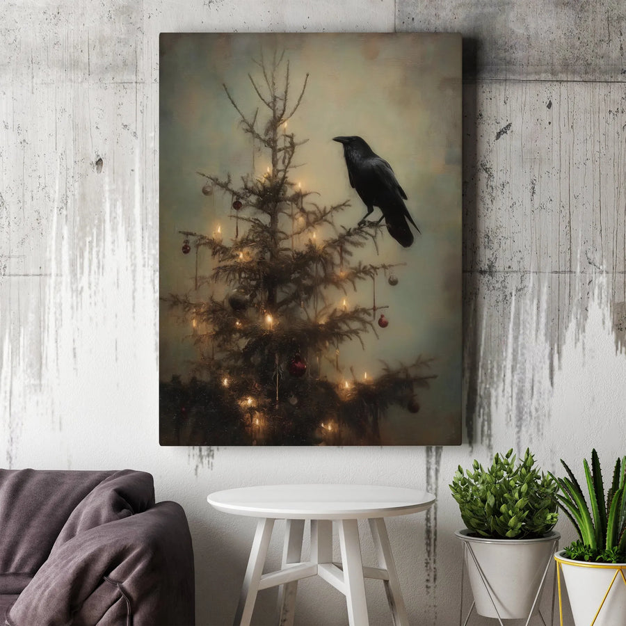 Gothic Raven Christmas Canvas Wall Art | Moody Dark Holiday Decor | Premium Stretched Gallery Wrap | Unique Alternative Winter Gift