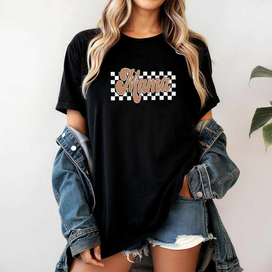 Mama T-Shirt | Retro Checkered Graphic Print | 100% Cotton Premium Quality | Trendy Mom Gift for Mother's Day 2026