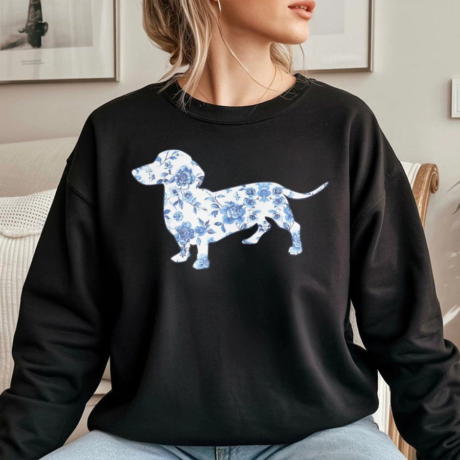 Dachshund Sweatshirt | French Blue Floral Toile Dog Graphic | Premium Cotton Blend | Gift for Dog Mom and Doxie Lover