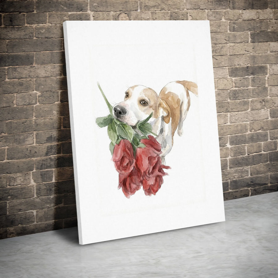 Dog with Roses Canvas Wall Art | Watercolor Beagle Painting | Premium Stretched Canvas | Romantic Gift for Her & Pet Lover Decor