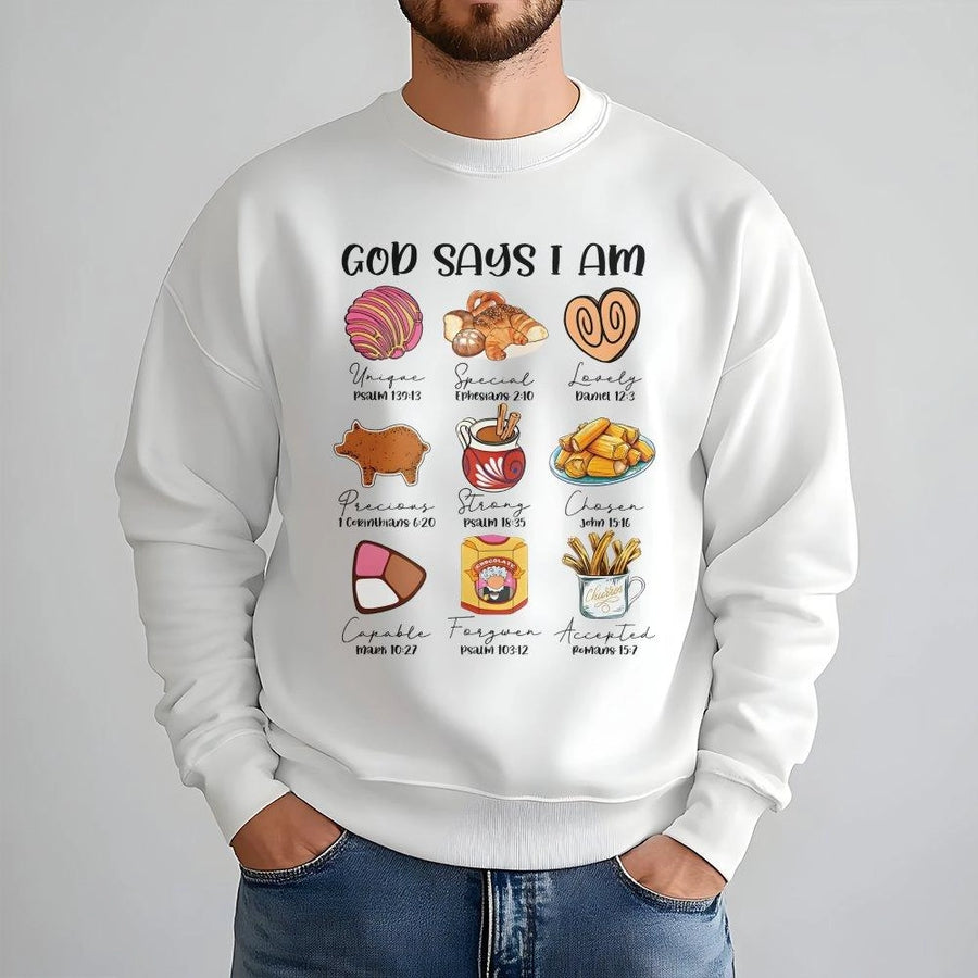 God Says I Am Pan Dulce Sweatshirt | Mexican Pastry Faith Graphic | Premium Cotton Blend Crewneck | Christian Gift for Latinas and Foodies