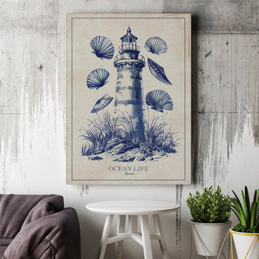Lighthouse Canvas Wall Art | Nautical Seashell Sketch Print | Premium Gallery Wrap Decor | Coastal Home Office Living Room Gift