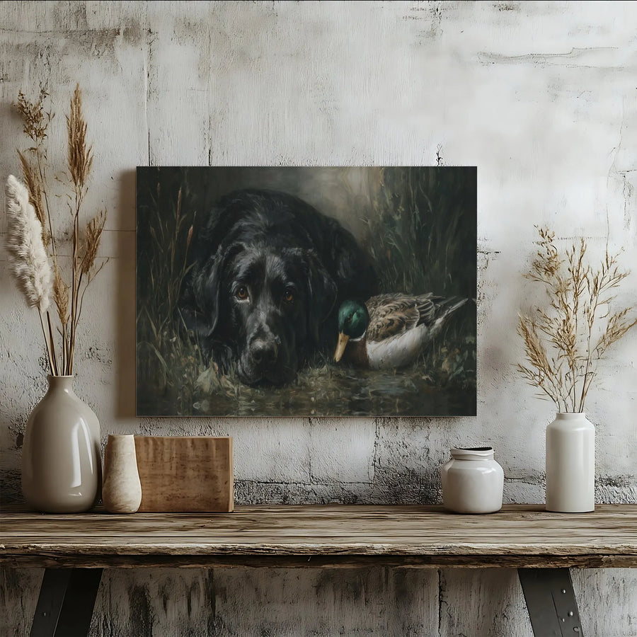 Black Labrador Hunting Dog Canvas | Vintage Mallard Duck Oil Painting Style | 1.25-Inch Premium Gallery Wrap | Wildlife Art Gift for Dog Lovers