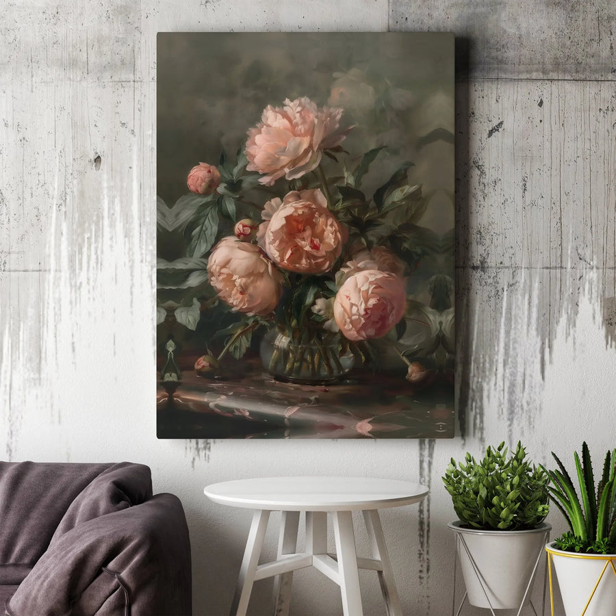 Pink Peonies Still Life Canvas Print | Vintage Floral Oil Painting Style | 1.25 Inch Premium Gallery Wrap | Elegant Wall Art Gift for Home Decor