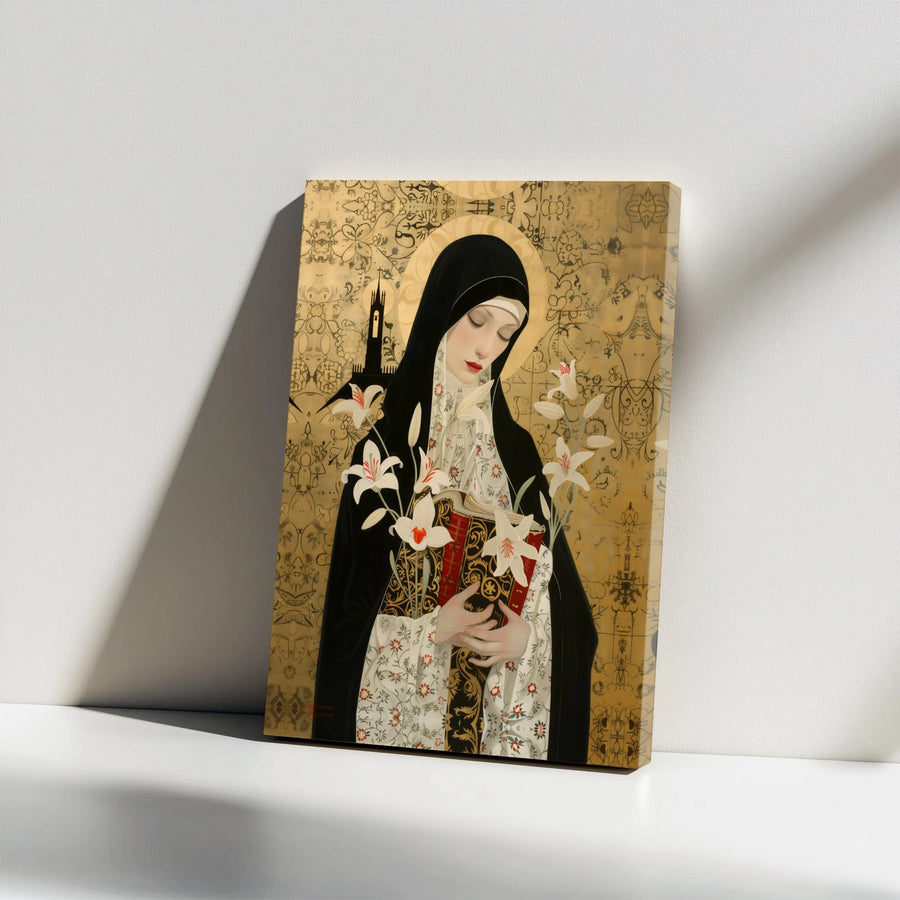 Nun With Lilies Canvas Wall Art | Art Nouveau Religious Portrait | Premium Gallery Wrap Decor | Sacred Christian Gift For Home