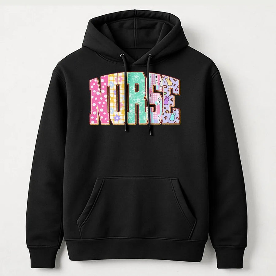 Nurse Easter Hoodie | Pastel Floral Patchwork Lettering | Cotton-Polyester Blend | Festive Gift for RN CNA Nursing Students