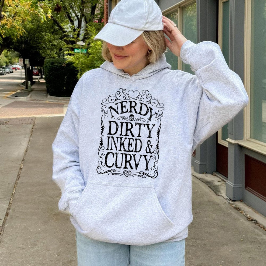 Nerdy Dirty Inked And Curvy Hoodie | Alternative Graphic Apparel | Premium Cotton Blend | Gift For Women With Tattoos And Curves