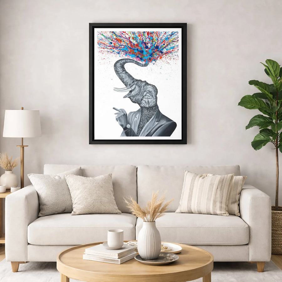 Elephant In Suit Canvas Print | Abstract Paint Splash Pop Art | Premium Gallery Wrapped Wall Decor | Unique Office & Home Gift