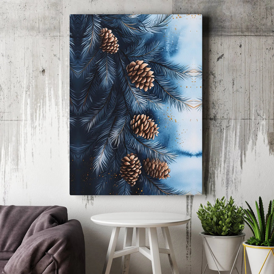 Blue Pine Branch Canvas Art | Watercolor Pinecone Winter Wall Decor | Premium 1.25" Gallery Wrap | Holiday Gift for Nature Lovers