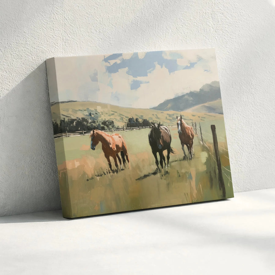 Three Horses Canvas Wall Art | Rustic Pasture Landscape Painting | Premium Gallery Wrapped Print | Western Farmhouse Decor Gift
