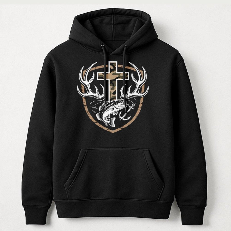Camo Cross Hunting Hoodie | Antler and Bass Fish Graphic Print | Premium Cotton Blend Apparel | Faith-Based Outdoor Gift for Men and Women
