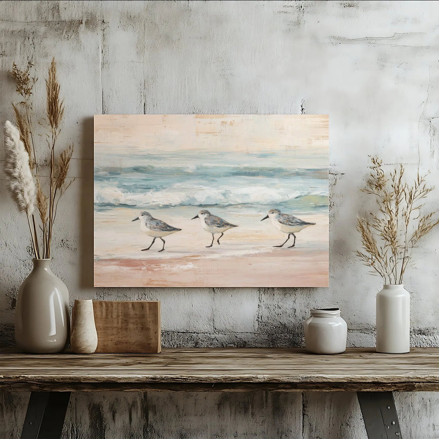 Coastal Bird Wall Art | Three Sandpipers Shoreline Painting | Premium Gallery Wrap Canvas | Beach House Decor For Living Room
