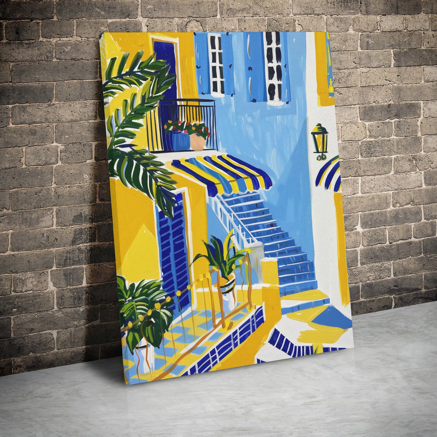 Mediterranean Street Scene Canvas | Vibrant Coastal European Home Decor | Gallery Wrap Premium Print | Travel Wall Art Gift for Home Office