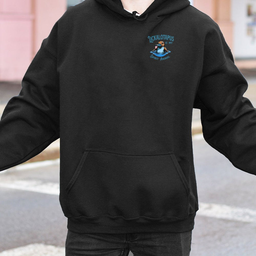 Lickalotapus Spirit Animal Hoodie | Funny Platypus Pun Graphic Print | Premium Cotton Blend Pullover | Humorous Gift for Animal Lovers