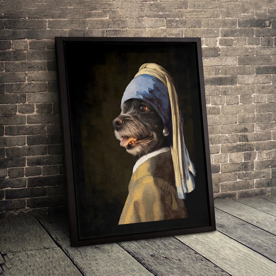 Dog With A Pearl Earring Canvas Print | Vermeer Dog Parody Art | Gallery Quality Premium Wall Decor | Unique Gift For Dog Lovers