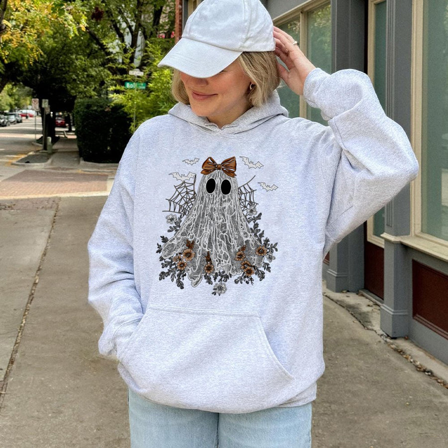 Lace Ghost Hoodie | Spooky Cute Aesthetic Halloween Design | Premium Cotton-Blend Pullover | Aesthetic Gift for Her & Spooky Season Lovers