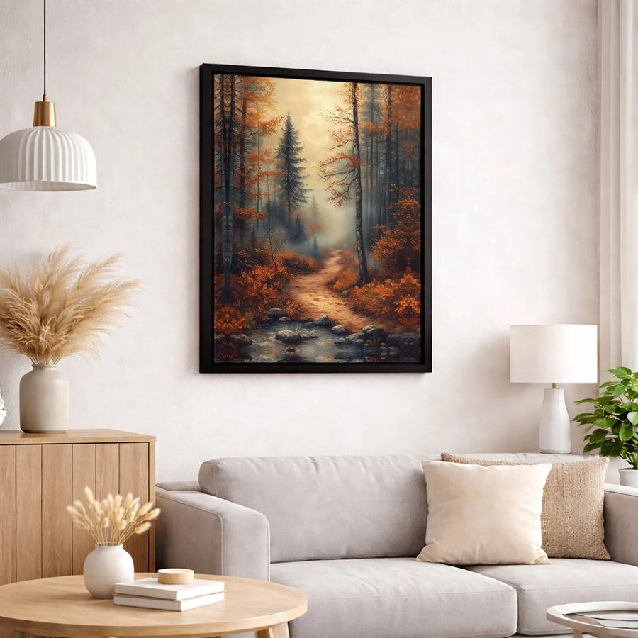 Misty Autumn Forest Canvas Art | Woodland Path & Creek Landscape | Premium Gallery Wrap 1.25" Profile | Cozy Nature Home Decor Gift