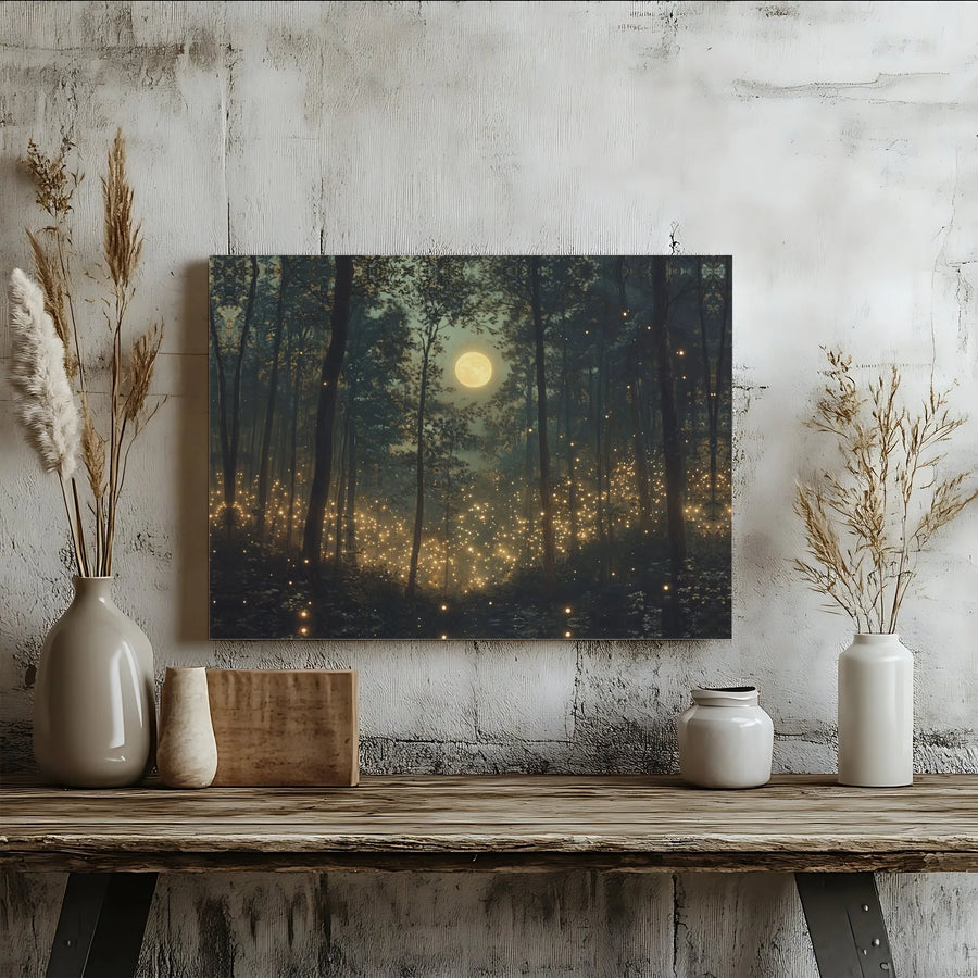Enchanted Forest Canvas Wall Art | Glowing Fireflies and Full Moon | Premium Gallery-Wrapped Print | Nature Lover Home Decor Gift