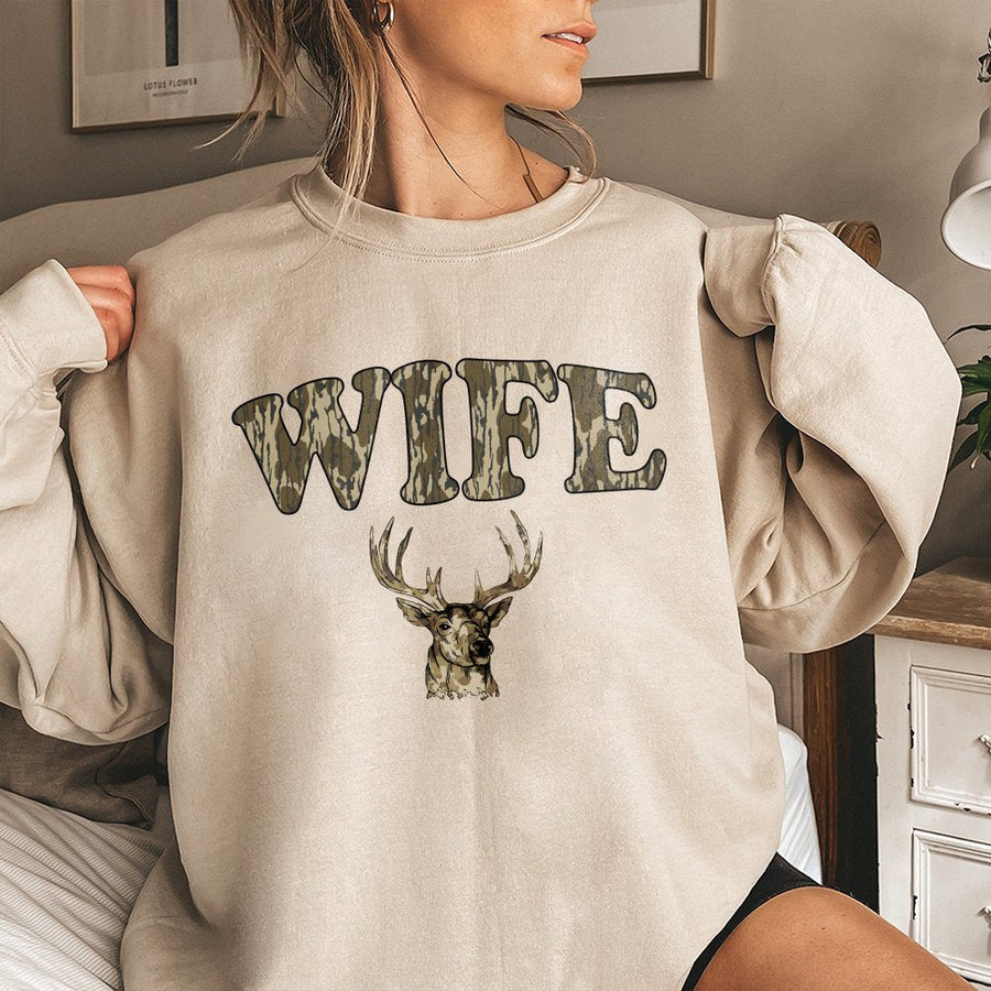 Wife Deer Hunting Sweatshirt | Camo Lettering & Antler Graphic | Premium Cotton Blend | Gift for Hunter Wife & Outdoorswoman