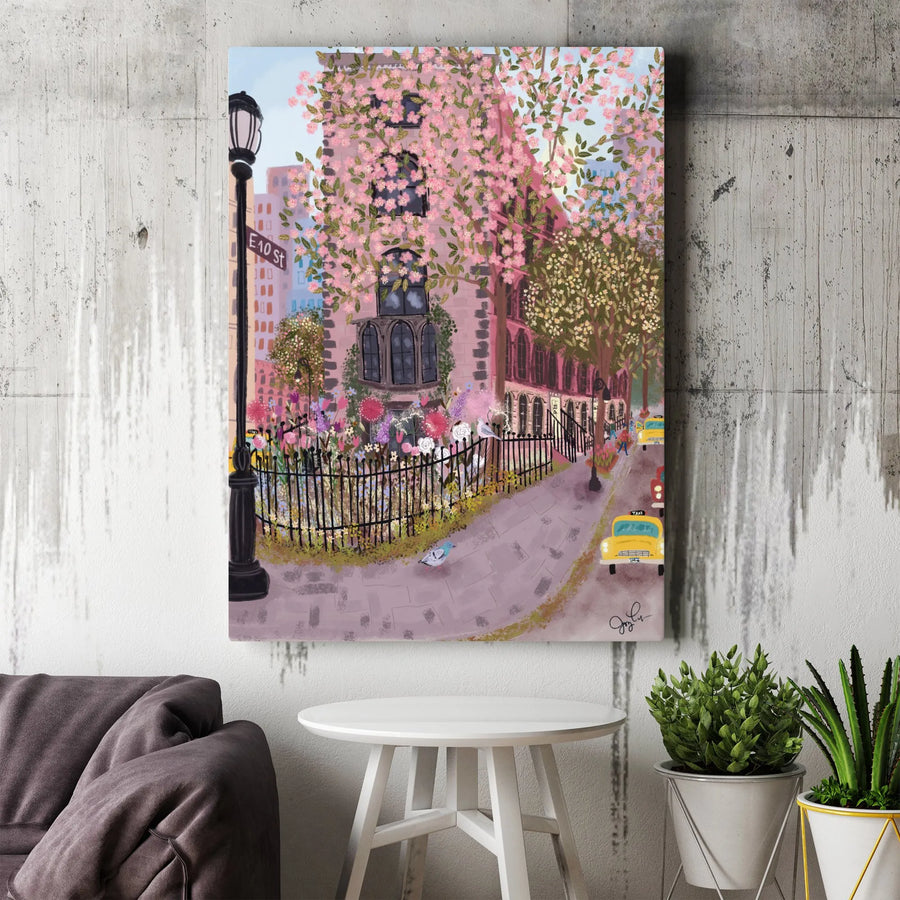 East Village NYC Vertical Canvas | Spring Cherry Blossom Scene Art | Premium 1.25" Thick Gallery Canvas | New York Lover Gift & Apartment Wall Decor
