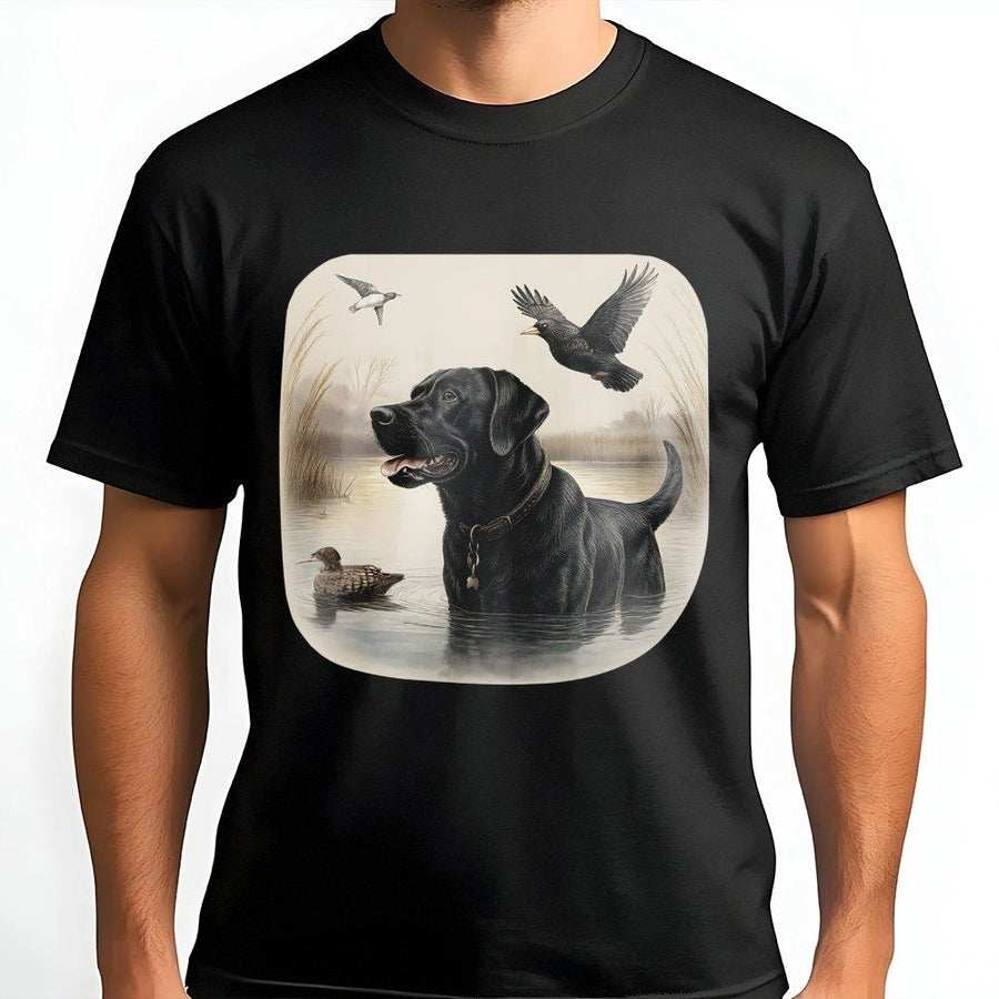 Black Labrador Duck Hunting T-Shirt | Retriever Outdoor Adventure Graphic | Premium Soft Cotton | Wildlife Dog Lover Gift