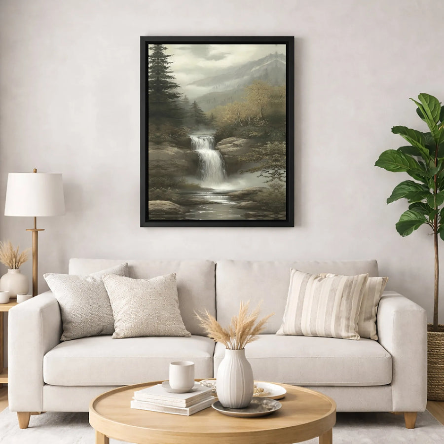 Forest Waterfall Canvas Wall Art | Moody Mountain River Landscape Painting | Premium Gallery Wrap Print | Nature Home Decor Gift For Nature Lovers