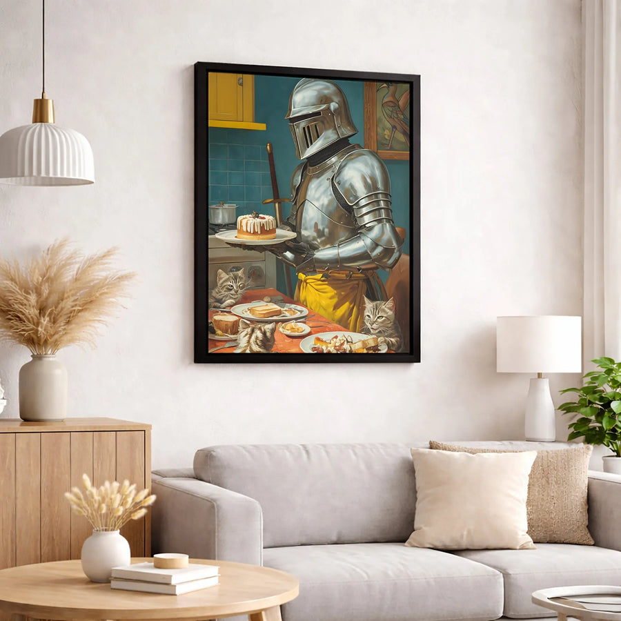 Knight Serving Cake to Cats Canvas Print | Whimsical Medieval Kitchen Decor | Premium Fade-Resistant Wall Art | Unique Birthday Gift for Cat Lovers