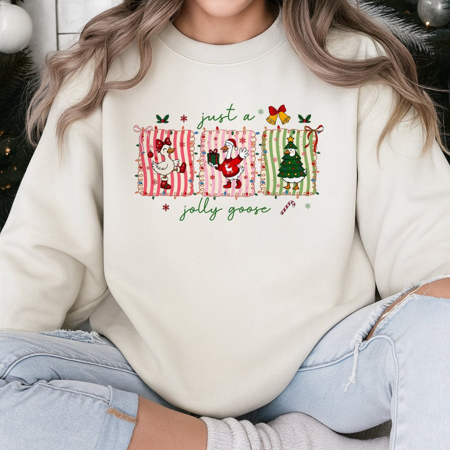 Jolly Goose Christmas Sweatshirt | Cute Festive Duck Holiday Graphic | Premium Cotton Blend Crewneck | Unisex Ugly Sweater Gift For Her Him