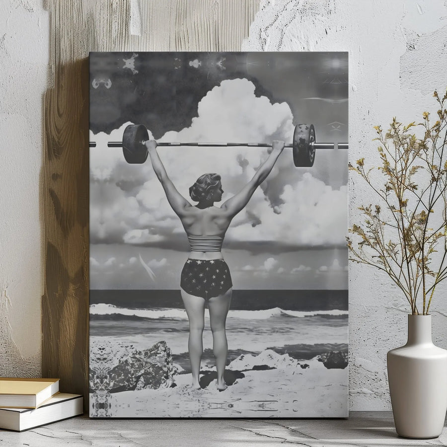 Vintage Weightlifting Woman Canvas | Black and White Beach Fitness Wall Art | Gallery Wrapped Premium Decor | Gym Motivation Gift for Her