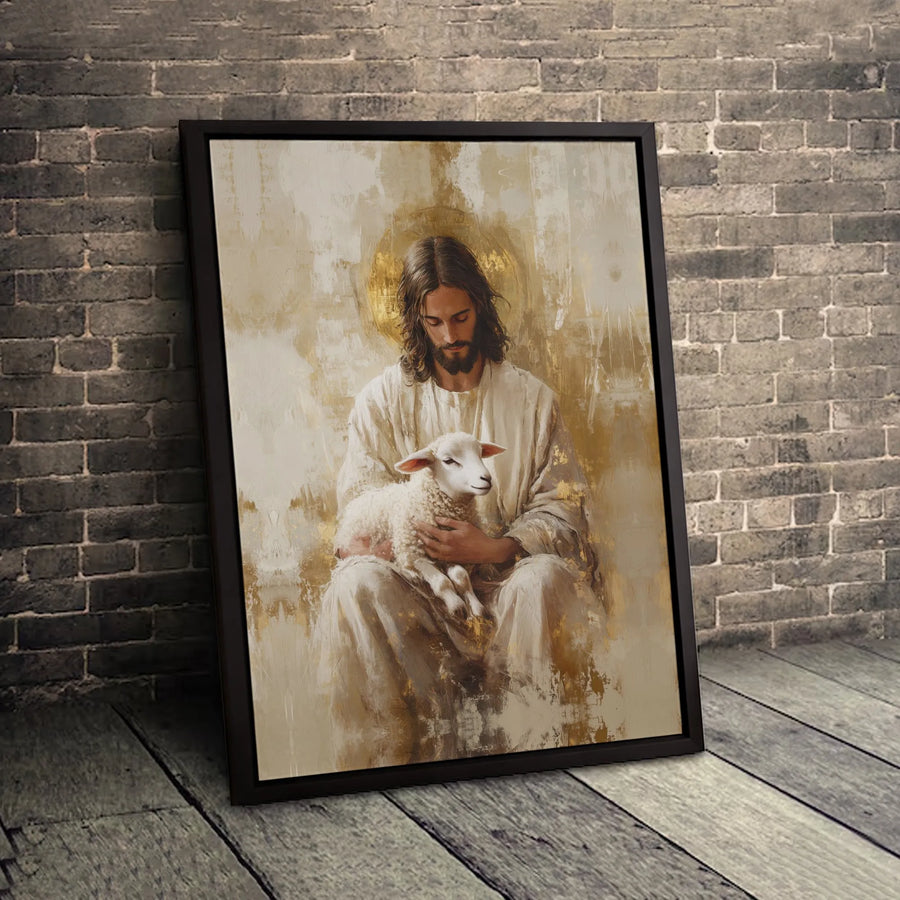 Jesus With Lamb Canvas Wall Art | Golden Halo Religious Portrait | Gallery-Wrapped Premium Print | Spiritual Home Decor & Christian Gift