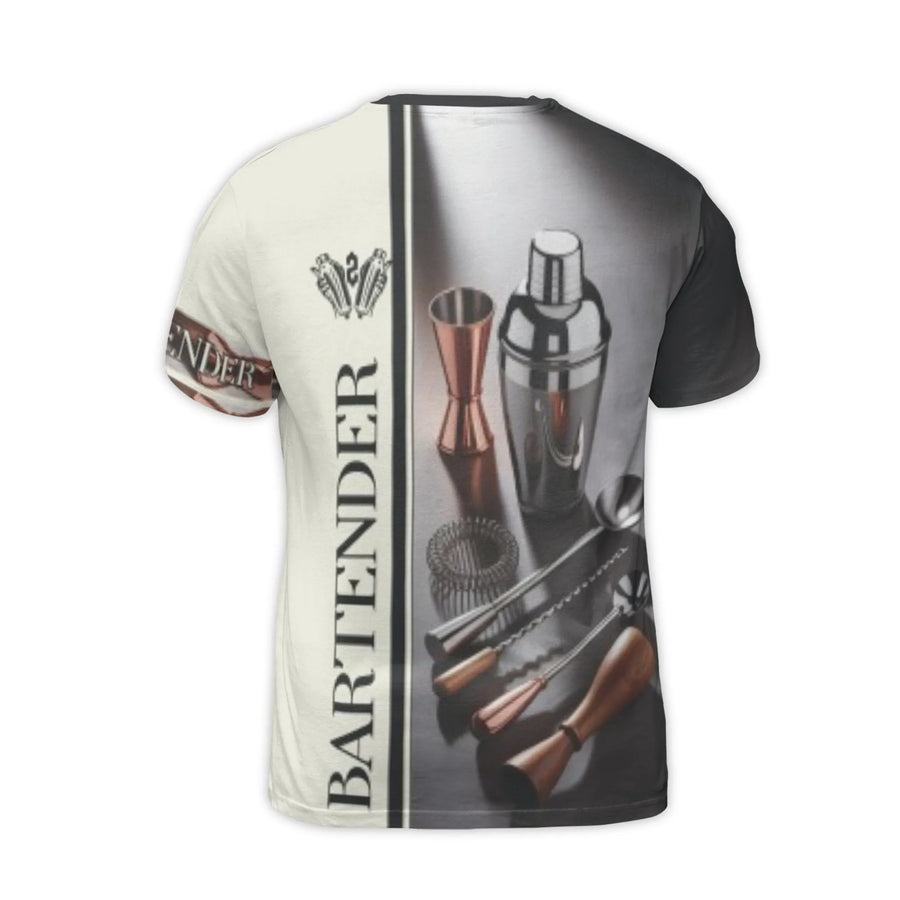 Bartender 3D Graphic T-Shirt | Cocktail Shaker & Bar Tools Print | Premium Polyester Blend | Gift for Mixologist & Barman