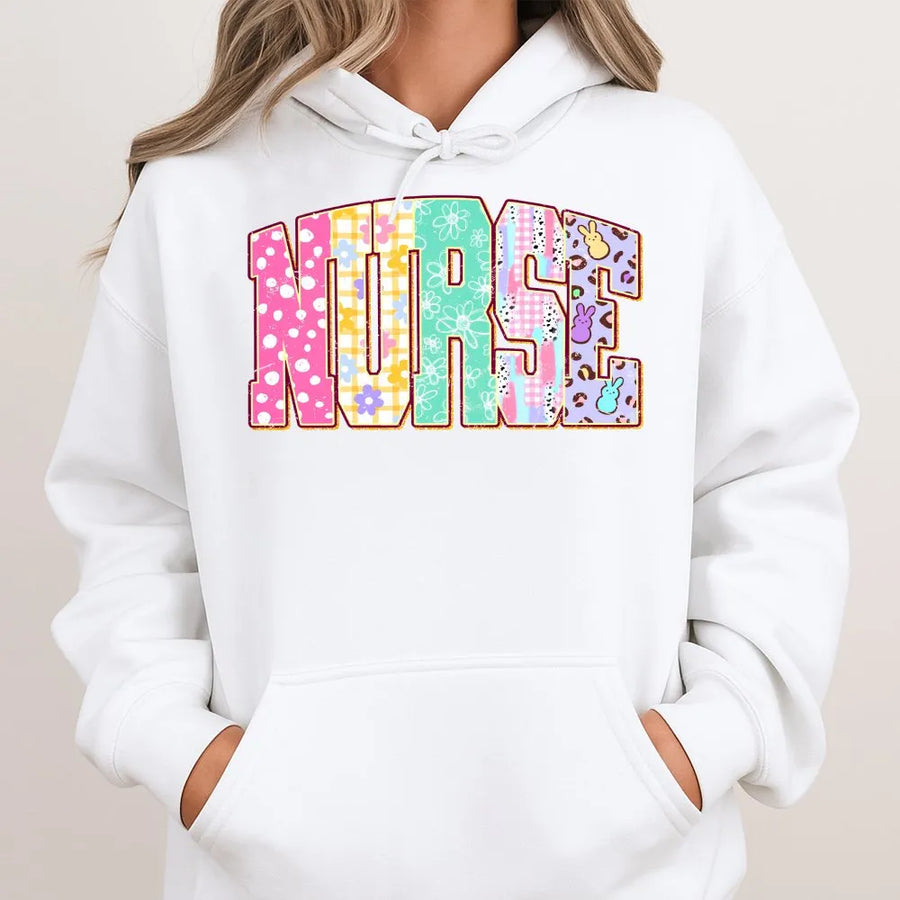 Nurse Easter Hoodie | Pastel Floral Patchwork Lettering | Cotton-Polyester Blend | Festive Gift for RN CNA Nursing Students