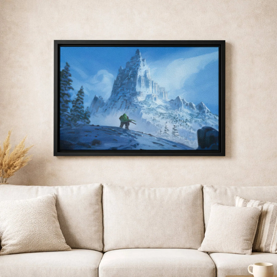 Fantasy Mountain Landscape Canvas | Snowy Castle & Hunter Art | Premium 1.25 Inch Gallery Wrap | Epic Wall Decor for Fantasy Fans