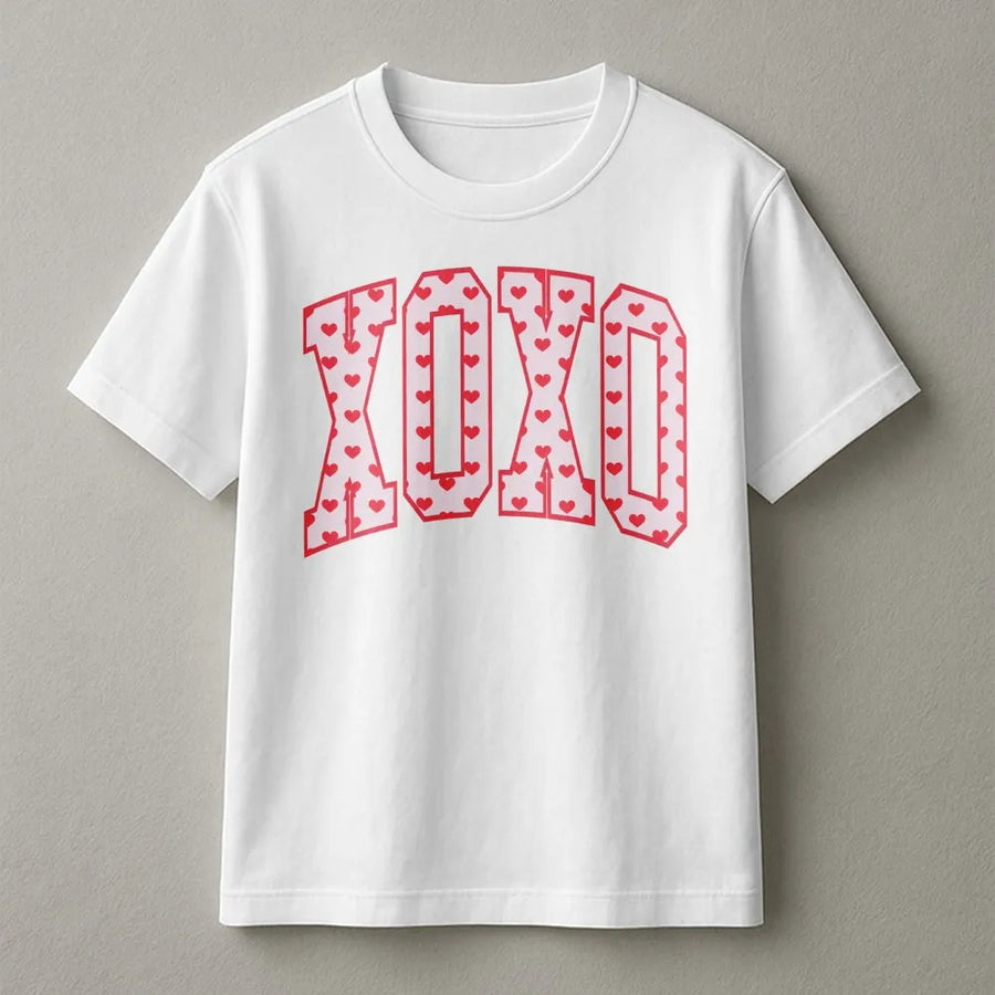 XOXO Valentine T-Shirt | Varsity Letter Hearts Graphic | Premium Soft Cotton Tee | Cute Romantic Gift for Her & Couples