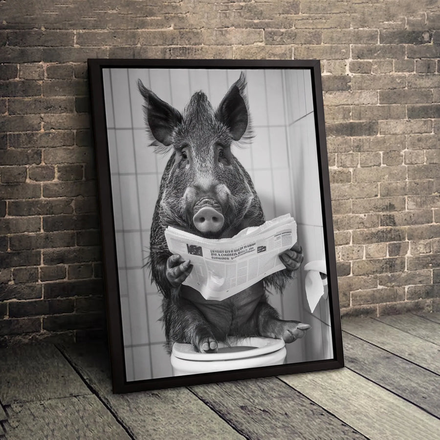 Wild Boar Bathroom Wall Art | Funny Hog Reading Newspaper Print | Premium 1.25" Gallery Canvas | Unique Toilet Decor for Home Office