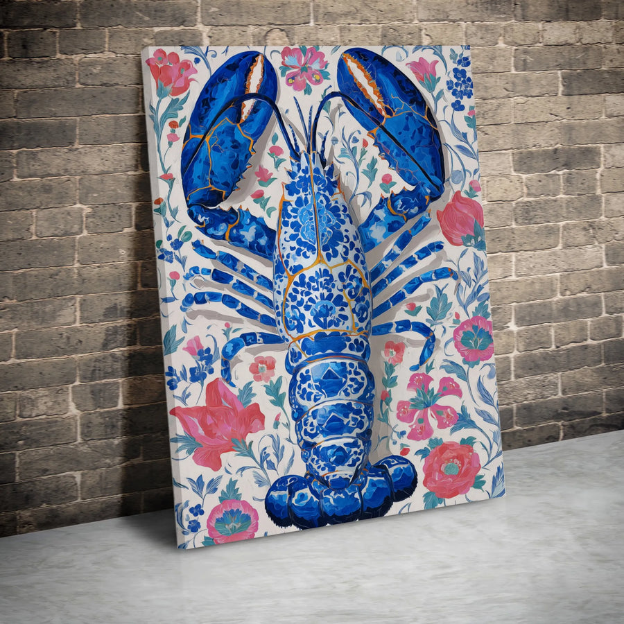 Blue Chinoiserie Lobster Canvas Wall Art | Floral Porcelain Style Print | Premium Gallery-Wrapped Decor | Coastal Kitchen Beach House Gift