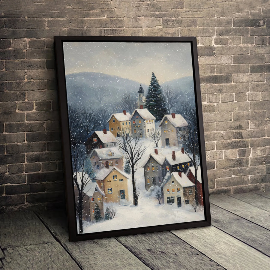 Winter Village Canvas Wall Art | Snowy Mountain Town Landscape | Premium Fade-Resistant Gallery Wrap | Cozy Holiday Home Decor Gift