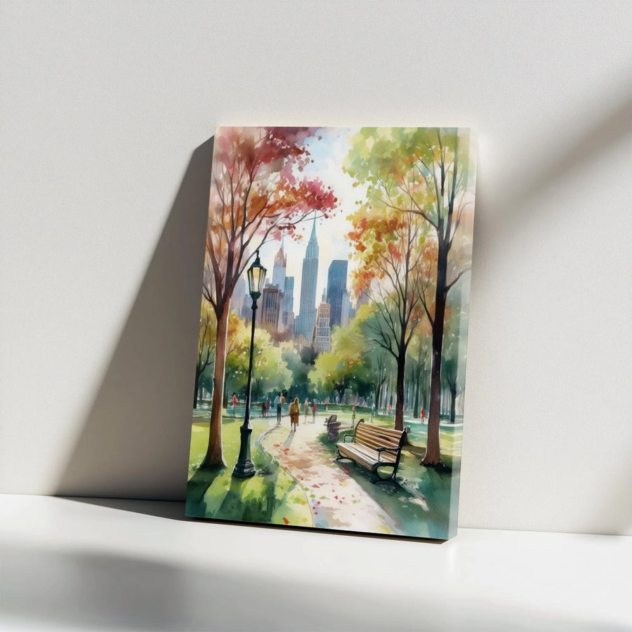 Autumn in New York Canvas Wall Art | Watercolor Central Park Cityscape Painting | Premium 1.25" Thick Gallery Canvas | Collector's Living Room Decor Gift