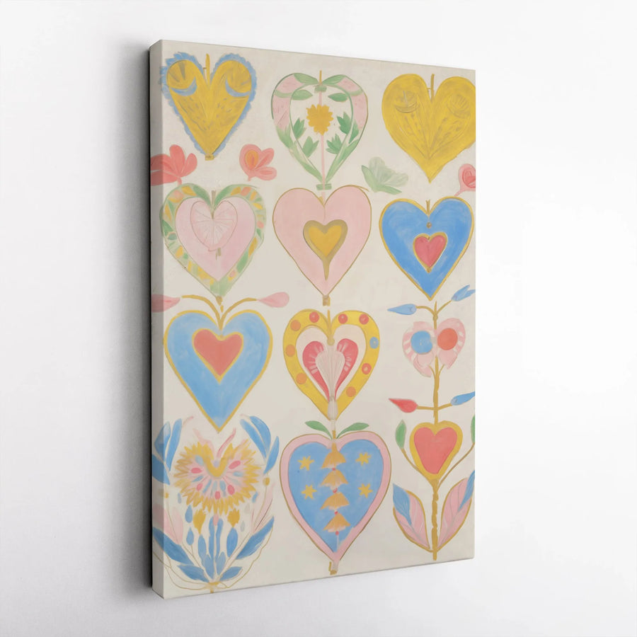 Folk Art Heart Canvas Wall Art | Colorful Botanical Floral Hearts Pattern | Gallery Wrapped Premium Print | Boho Home Decor Gift for Her