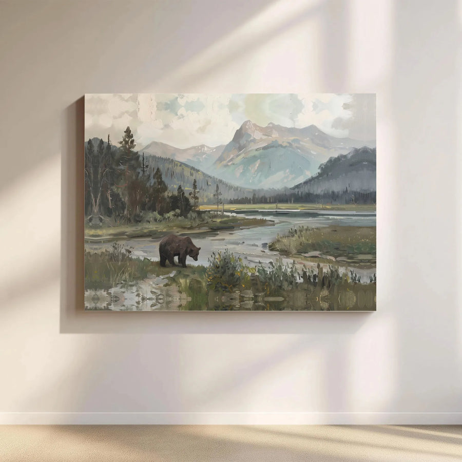 Brown Bear Landscape Canvas Wall Art | Mountain River Nature Painting | Gallery Wrap Premium Print | Rustic Lodge Home Decor Gift